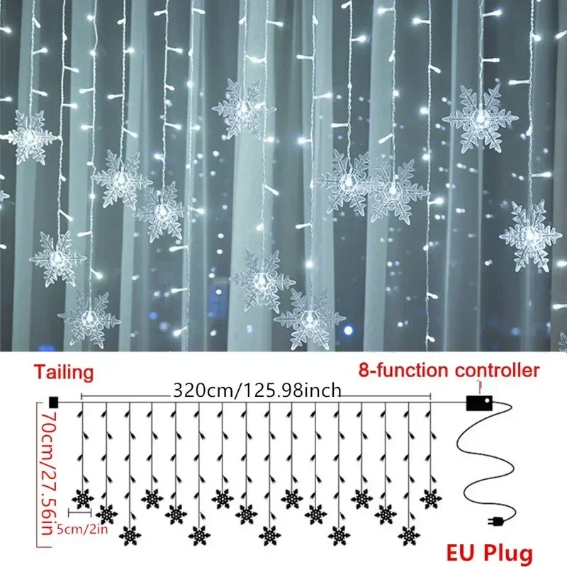 Decoración navideña, 8 modos, copo de nieve, cortina de ventana, carámbano LED, luz de hadas, luces de cadena intermitentes, jardín para el hogar, Año Nuevo