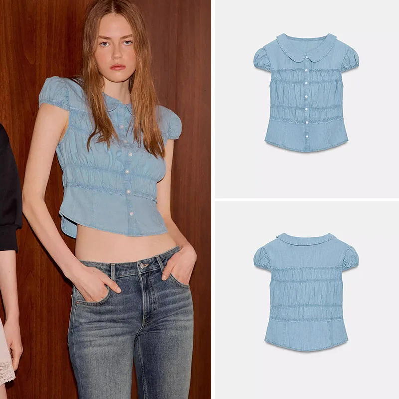 

Летняя новинка: женская блузка с пышными рукавами и плиссированным отложным воротником, модная, для женщин 8-25 лет, весна 2026