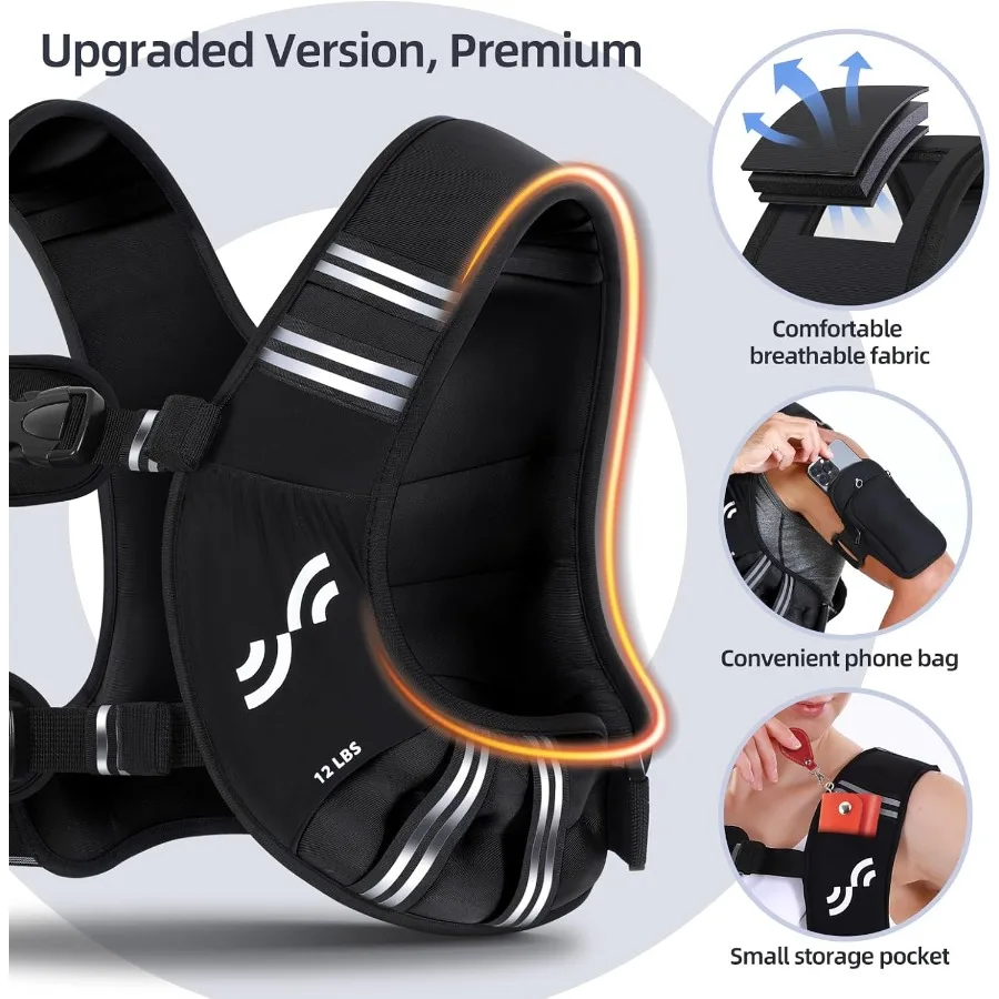 سترة Sportneer المرجحة للنساء والرجال: 8 رطل 12 رطل 15 رطل 20 رطل 25 رطل سترة وزن قابلة للتعديل مع حقيبة هاتف قابلة للفصل لـ Ruck