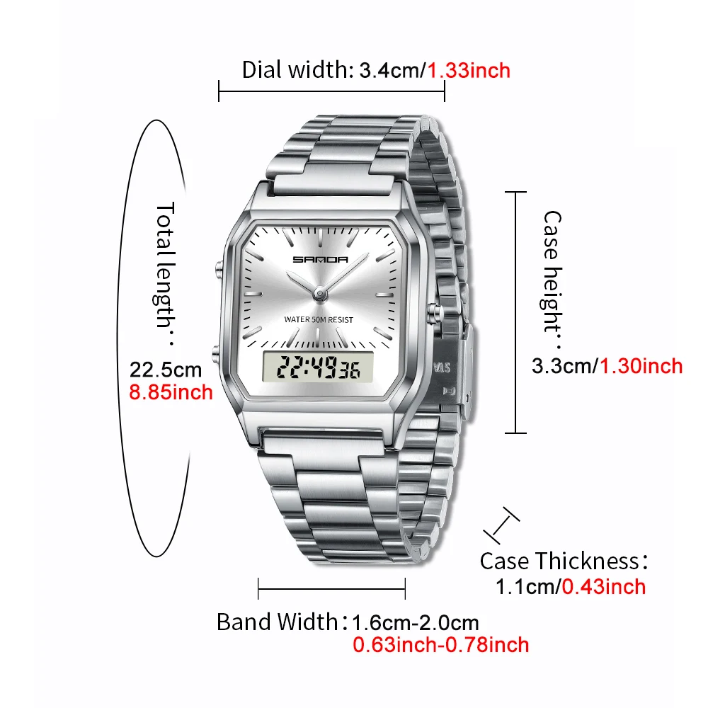 SANDA Men Watch Square Dial Stainless Steel Digital Wristwatch Neutral Wristwatch Waterproof Double Display Watches Date Clock