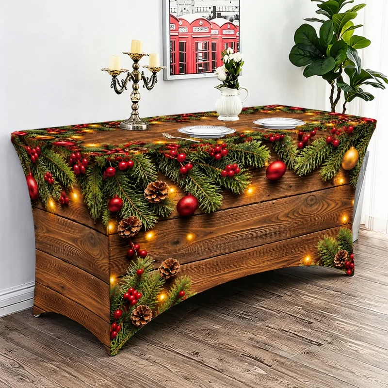 Christmas Wood Grain Stretch Tablecloth Rectangular Spandex Fitted Table Cover Pine Cone Print Holiday Party Banquet Decorations