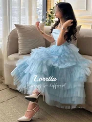 Lorrtta céu azul tornozelo comprimento em camadas fora dos ombros vestido de baile sem alças vestido de noite feminino para baile de formatura 2024 personalizado