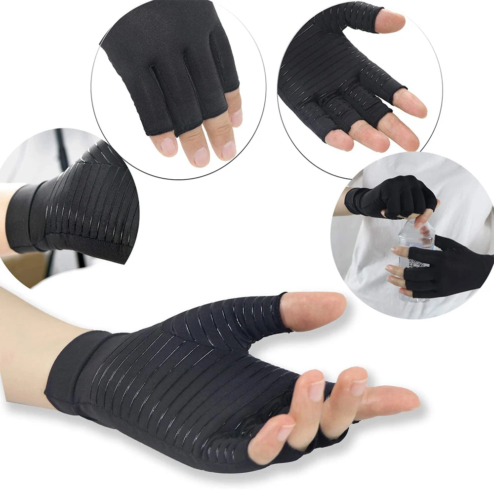 1Pair Copper Arthritis Compression Gloves,Relieve Hand Pain Swelling and Carpal Tunnel Fingerless for Typing, Support for Joints