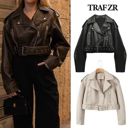 TRAF ZR Classic Crop Biker Jackets Synthetic Leather Coat Lapeled Collar Winter Faux Leather Jackets for Women Metal Buckle Belt