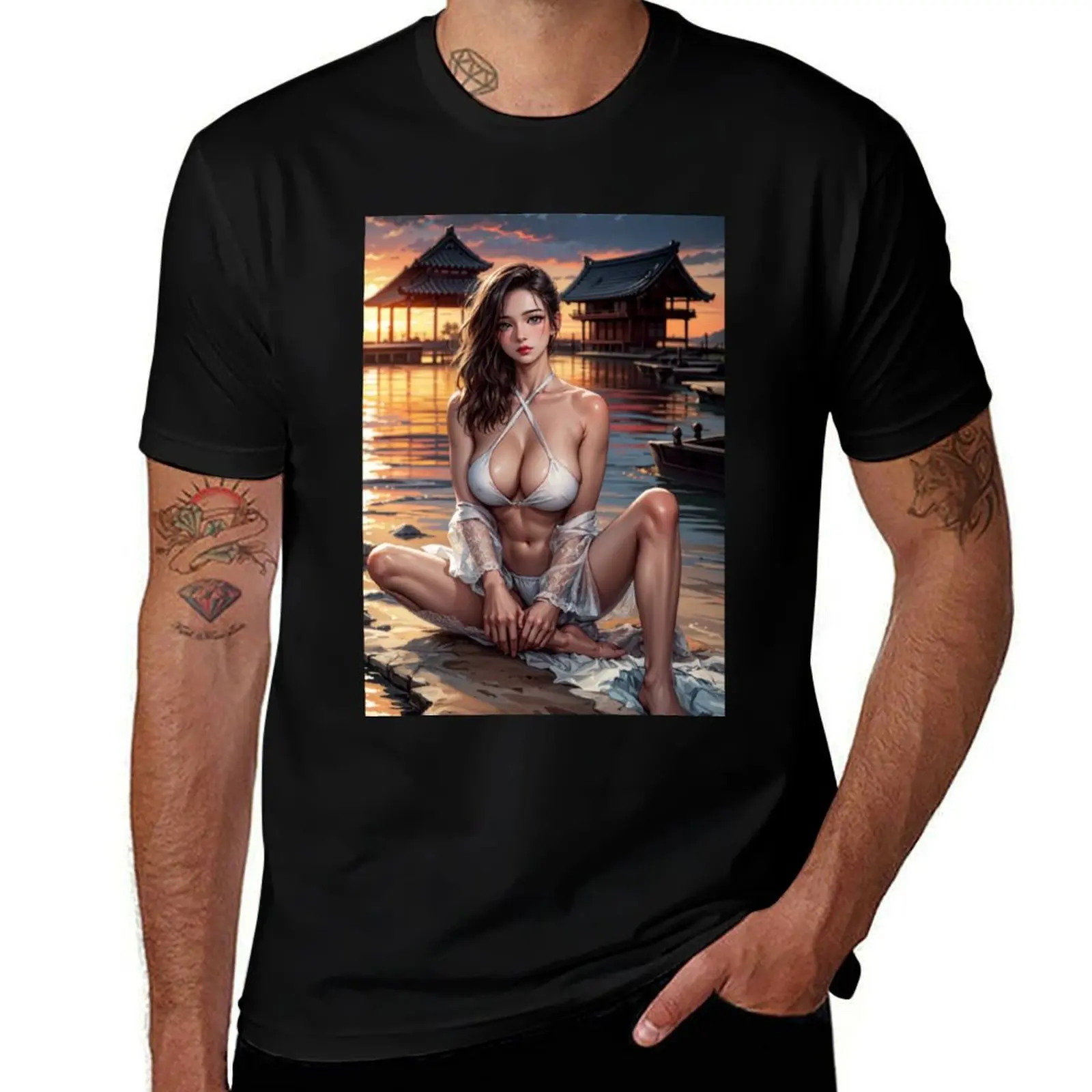 Anime PinUp Girl: Syun Kamakado 030 (waiting on the tide) T-Shirt oversizeds quick drying sports fans oversized t shirt men