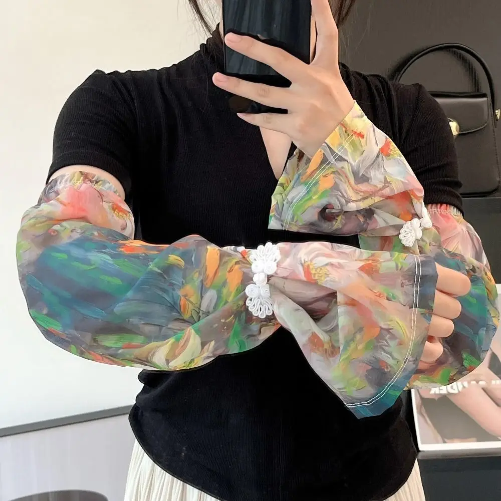 Chinese Style Buckle Printed Ice Silk Sleeves Anti-UV Flower Chiffon Sunscreen Sleeve Long-sleeved Glove Sun Protection