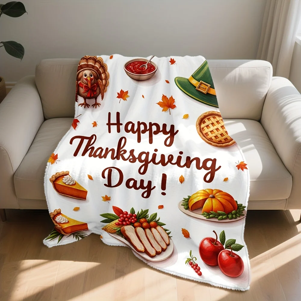 Thanksgiving Turkey Cartoon Autumn Harvest Printed Flannel Blanket - Cozy Warm Throw with Pumpkins, Cranberries