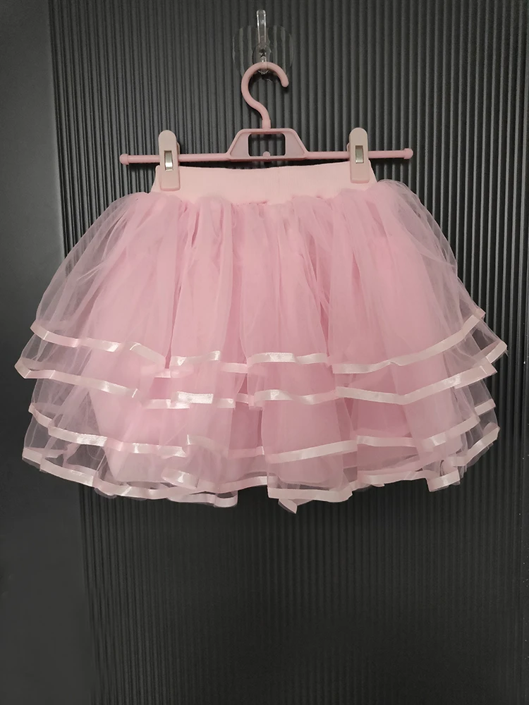 Pink Mesh Skirts for Sweet Girls Summer Bows Decoration Elastic Waist Lolita Style Cute Multilayered Skirt