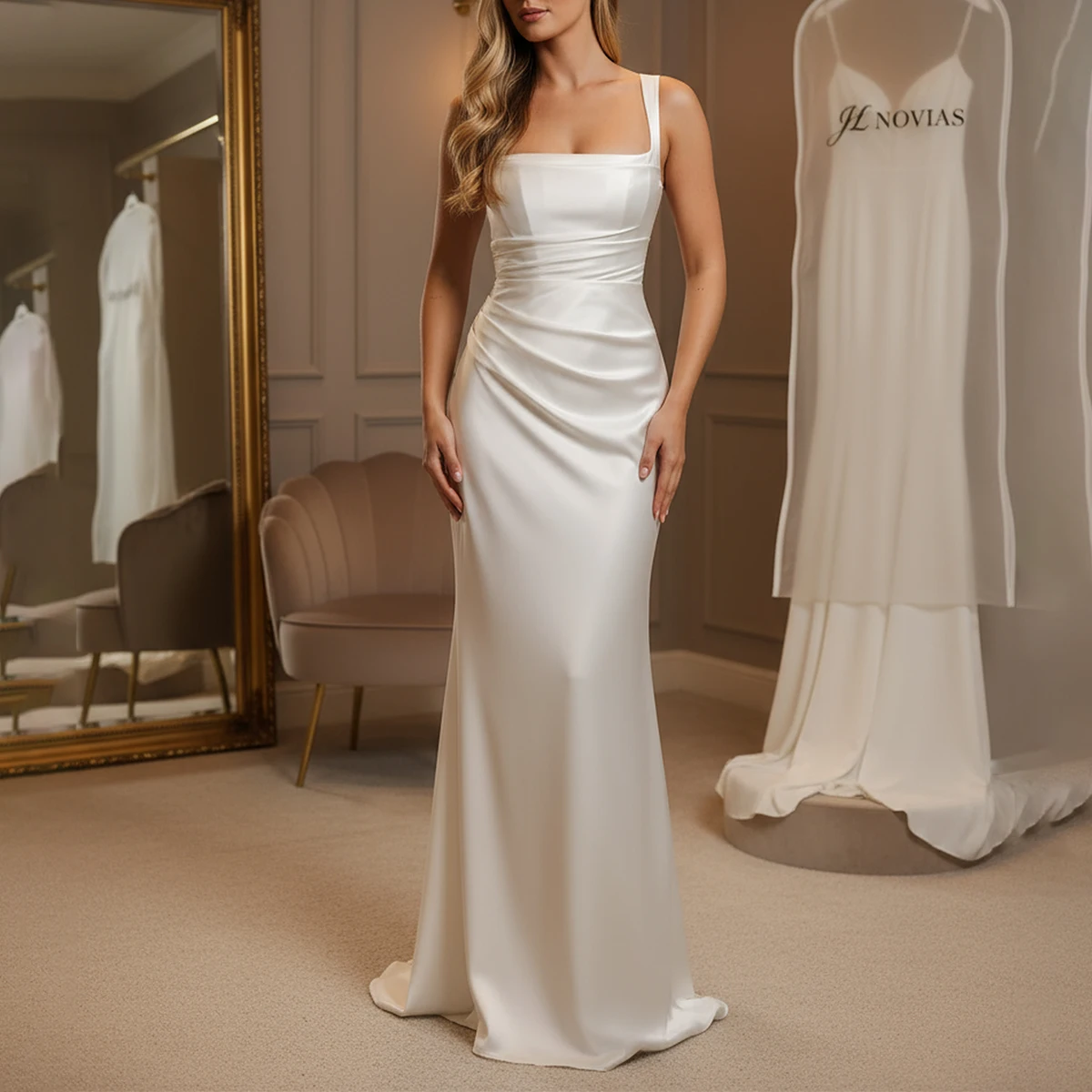 

Elegant Square Collar Mermaid Pleated Wedding Dress With Scraf Satin Sheath Long Bridal Party Gown For Bride Vestidos Novia