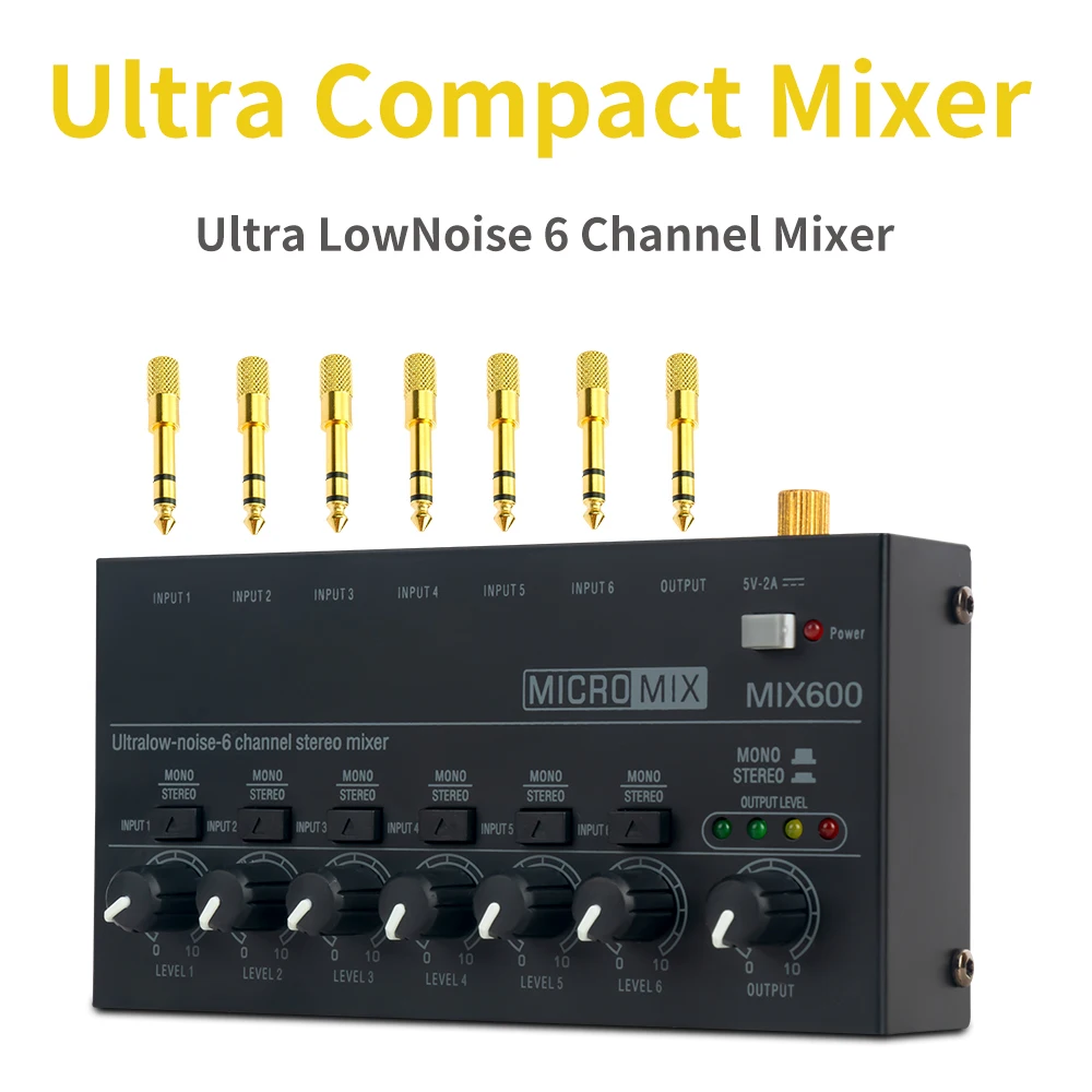 MIX600 Sound Mixer Stereo Audio Mixer Ultra Low Noise Line Mini Sound Mixer 6 Channel Ultra-compact Low-noise Stereo