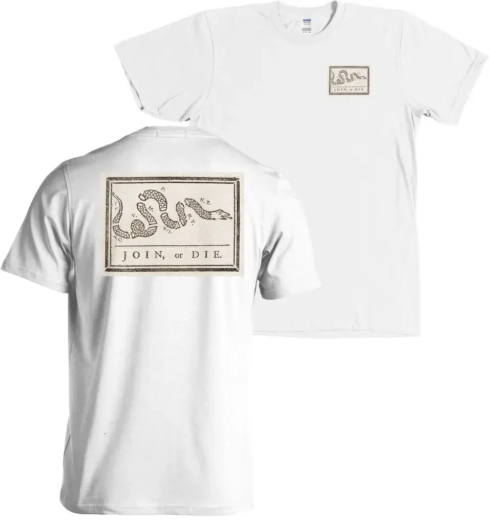 Join or Die Benjamin Franklin Political Cartoon Showing T-Shirt 100% Cotton O-Neck Short Sleeve Casual Mens T-shirt Size S-3XL