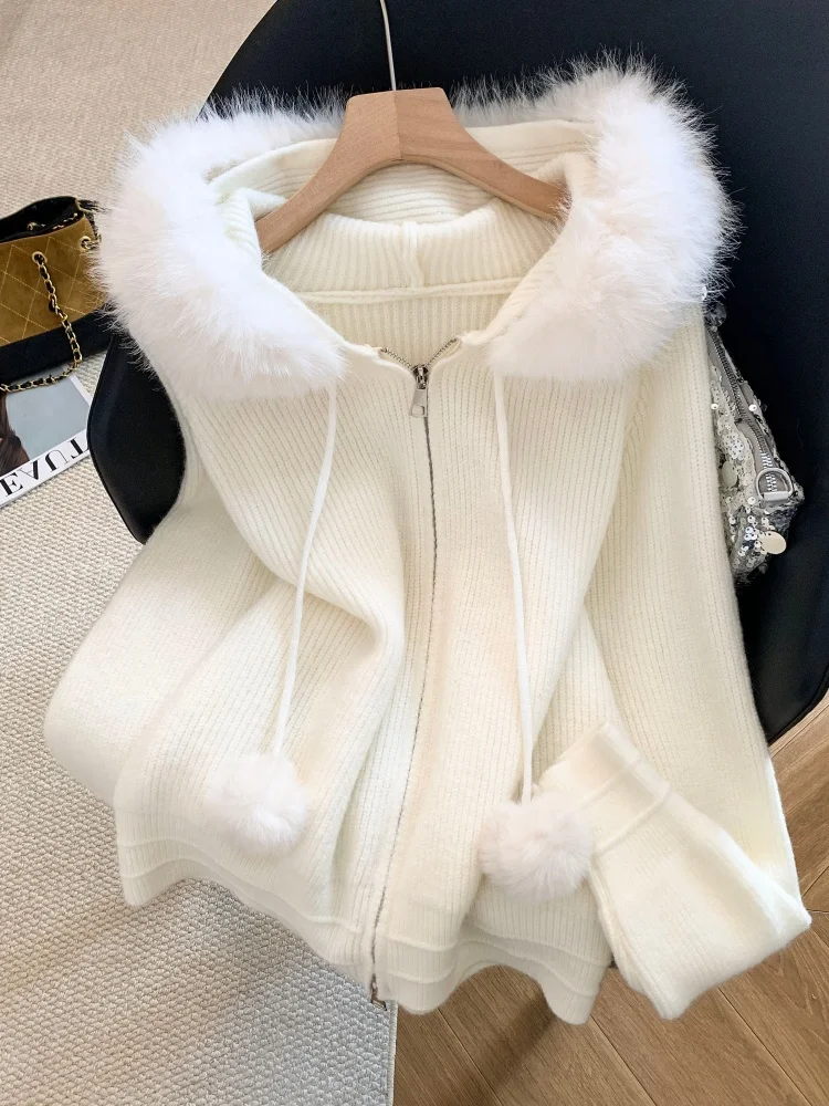 Detachable Fur Collar Knitted Jacket Women's Loose Fit Autumn Winter High End Feeling Soft Sweater Korean Style Commute