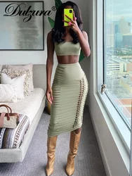 Dulzura Women Y2K Clothes 2 Pieces Hollow Outs Sleeve U-Neck Crop Top High Waist Bodycon Midi Skirt Matching Set Club Streetwear