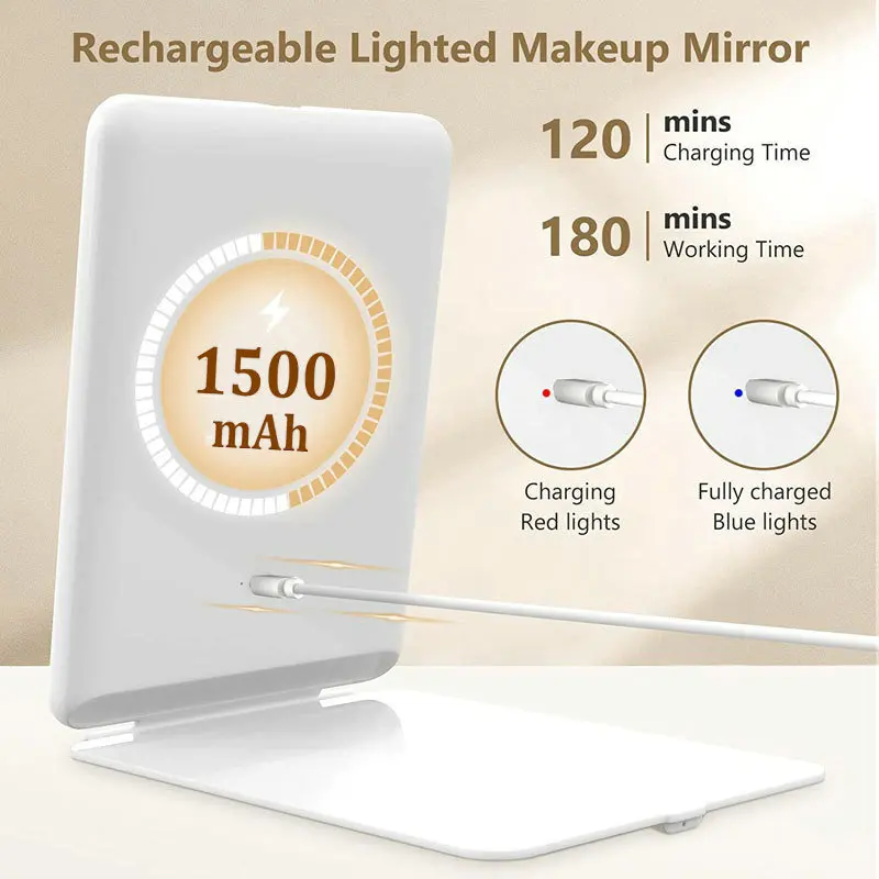 مرآة مكياج للسفر قابلة لإعادة الشحن مع أضواء، مرآة تجميل مضاءة محمولة، مرآة لمستحضرات التجميل قابلة للطي على سطح الطاولة بثلاثة ألوان