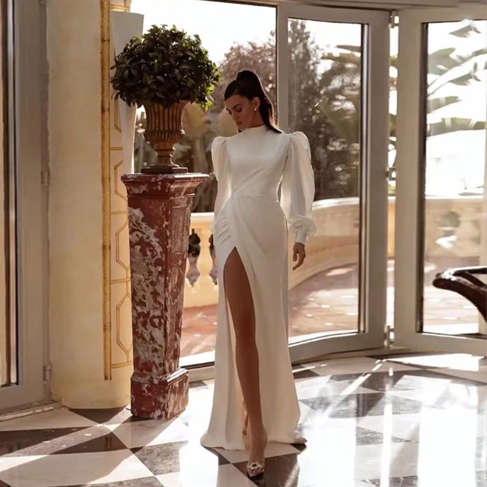 

Simple Evening Dresses High Neck Puffy Sleeves Wedding Guest Dress Sexy High Slit Pleats Bridal Gown Customized Robe De Mariée