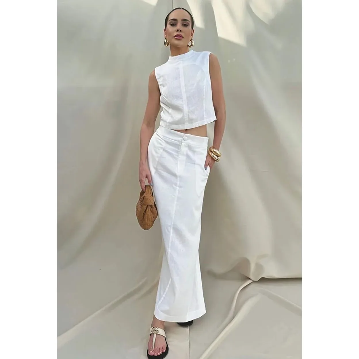 

White Coon Linen Ves Skirt Outfit Spring Women Svel Ba B Faionable Winter Set for Ladies without Brand Registration