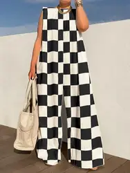 Yeezzi 2024 New Female Fashion Black White Plaid Printed O-Neck Wide Leg Jumpsuits Summer Sleeveless Loose Casual Jump Suits