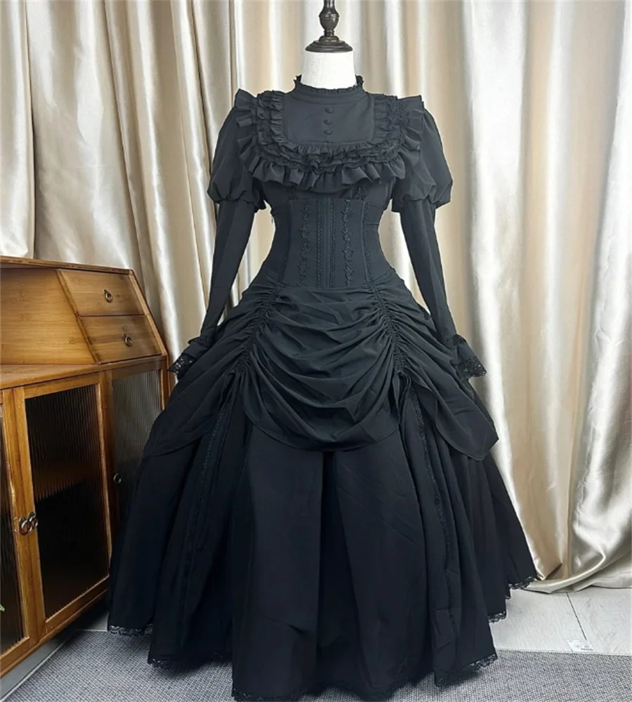 Vestido de novia gótico negro Vintage 2025, vestido de novia de encaje de manga larga con cuello alto, vestido de novia campestre de jardín con volantes personalizado