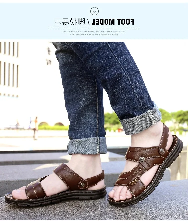 Men's Summer Genuine Leather Sandals Men Slippers Adult Thick-soled Beach Shoes Non-slip Leather Sandal Zapatos Hombre