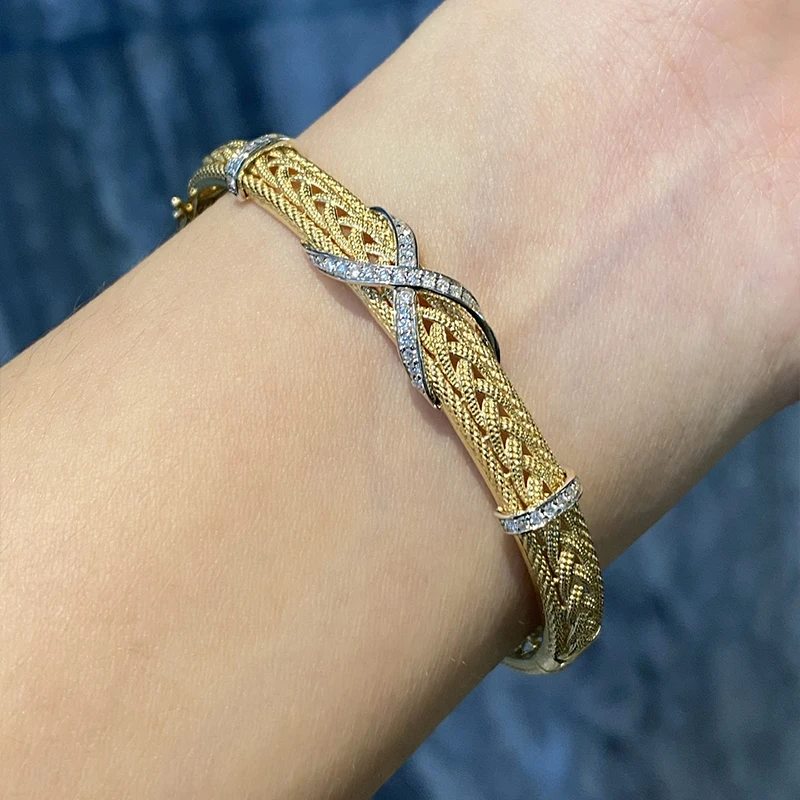 Aazuo 18K Solid Yellow Gold Real Natural Diamonds Luxury Jewelry Textile Rope X Shape Bangle Gift For Women Wedding Party AU750 view 5