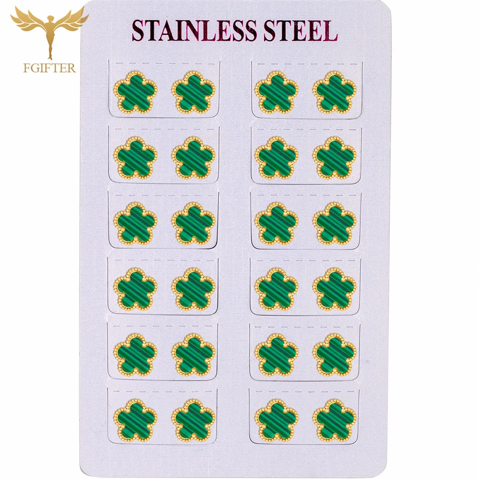 

12 Pairs Green Malachite Texture Flower Stud Earrings for Women Luxury Gold Color Stainless Steel Jewelry Wholesale Small Gifts