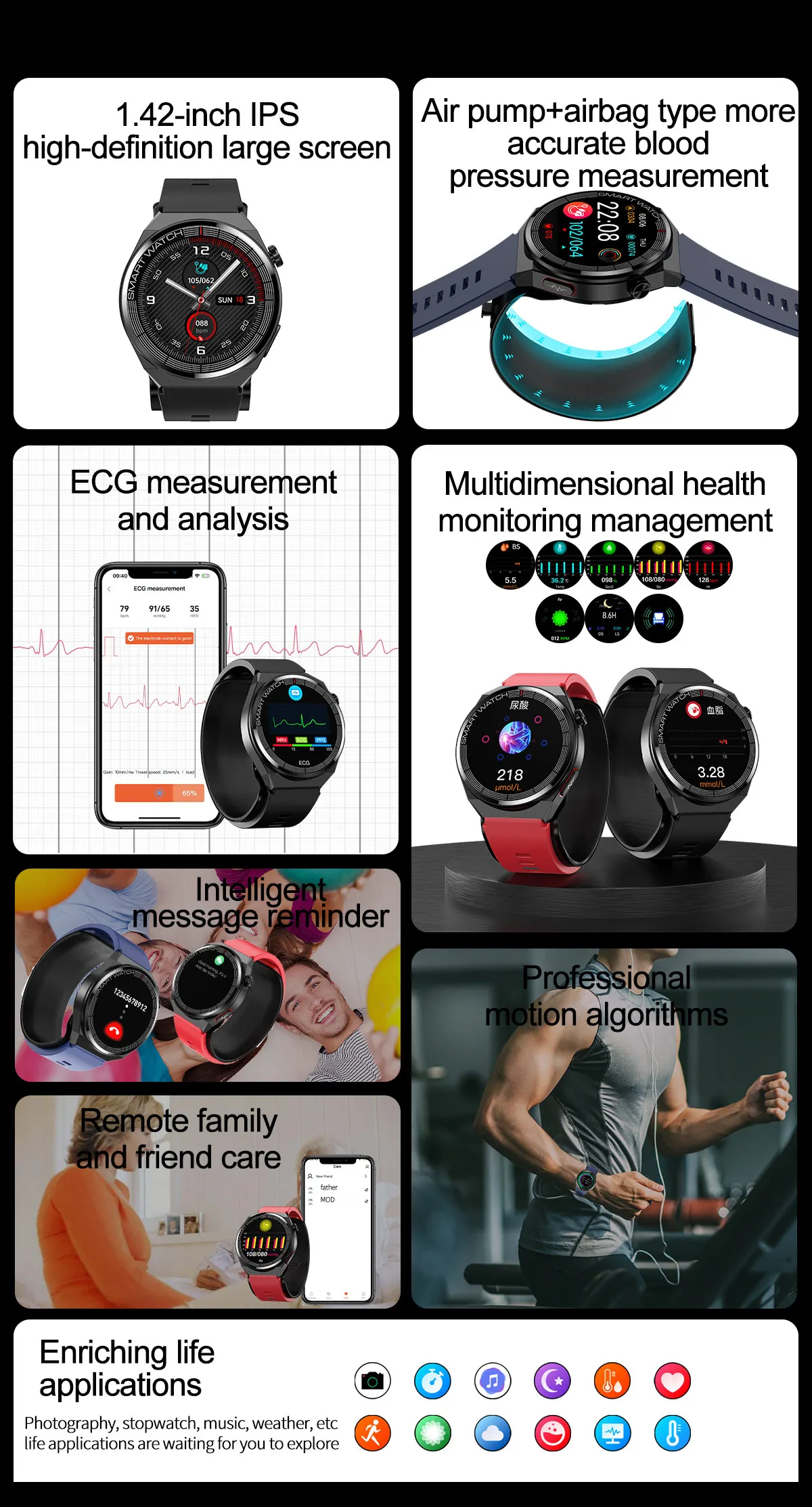 Medical Grade Smart Watch CFDA Certified TK62 Accurate Blood Pressure/ECG/Heart Rate/SPO2 Monitoring Respiratory/Sleep Tracking