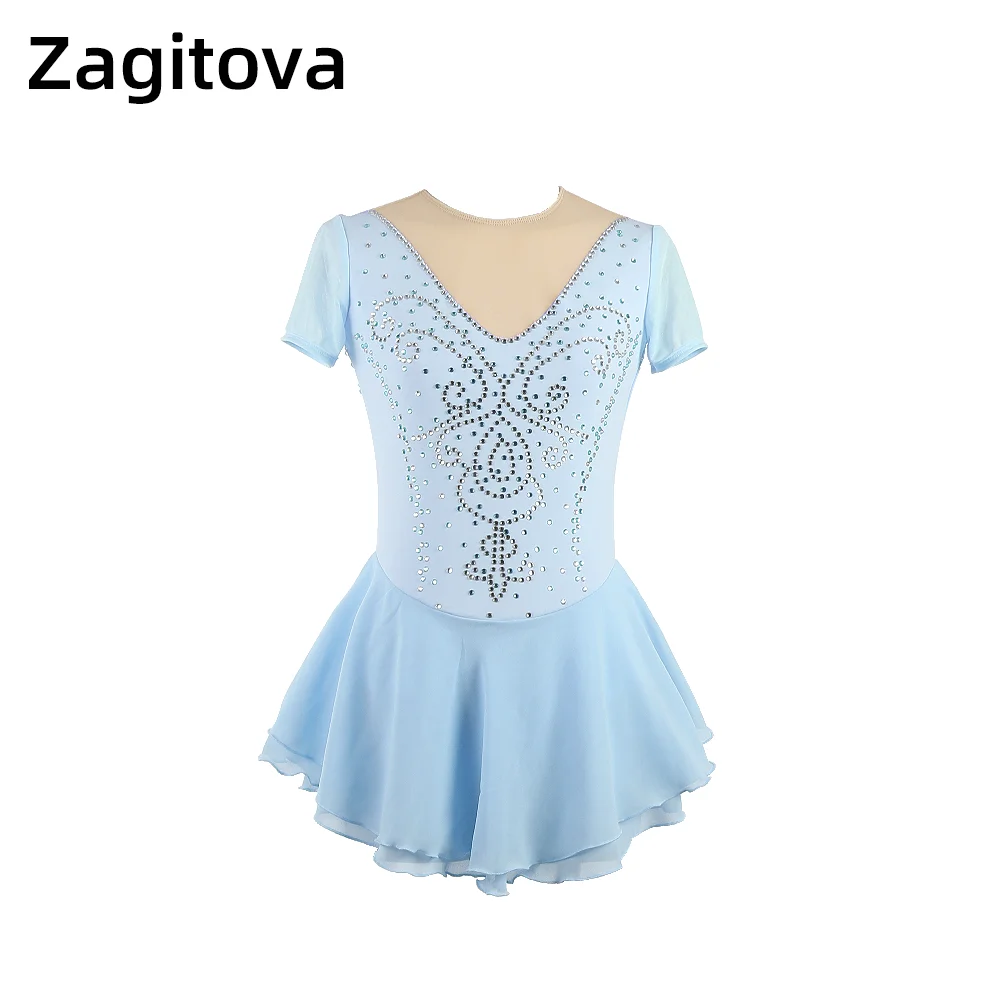 

Zagitova Figure Skating Dress Women Girls Ice Skating Skirt Performance Competition Mesh Skirt Costume Short Sleeve Princess