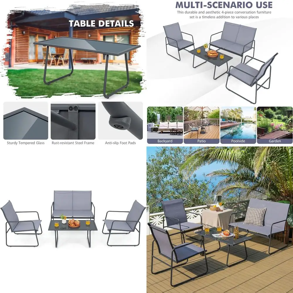 

Комплект садовой мебели из 4 предметов с кофейным столиком из закаленного стекла, металлическим каркасом и дышащей тканью, подходит для использования в помещении и на улице.