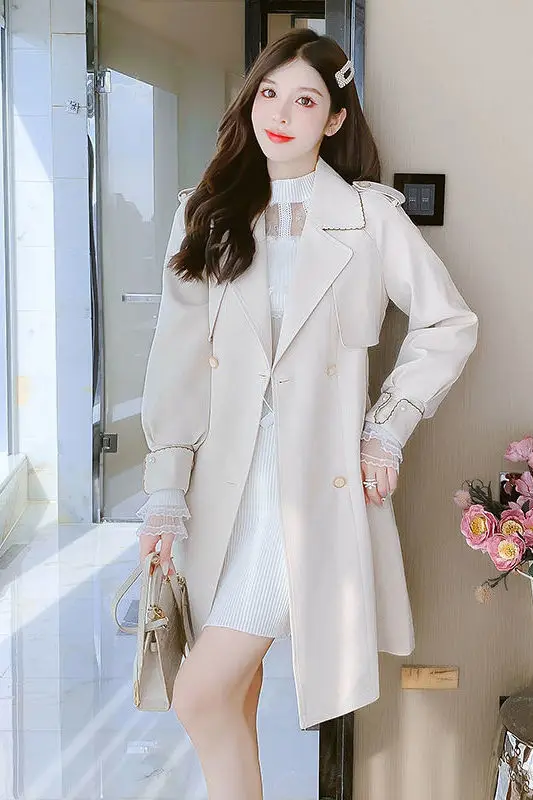 

Trench Coat Waterproof Women'S Clothing Superior Thicken Gold Slanted Placket Waisted Twill Quick Feature Neutral Looks Cute
