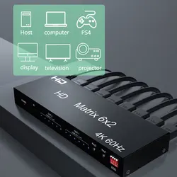 Przełącznik matrycowy HD 4K 6x2 60Hz Rozdzielacz przełącznika 6 wejść 2 wyjścia z optycznym ekstraktorem audio R/L Video dla konwertera zgodnego z HDMI