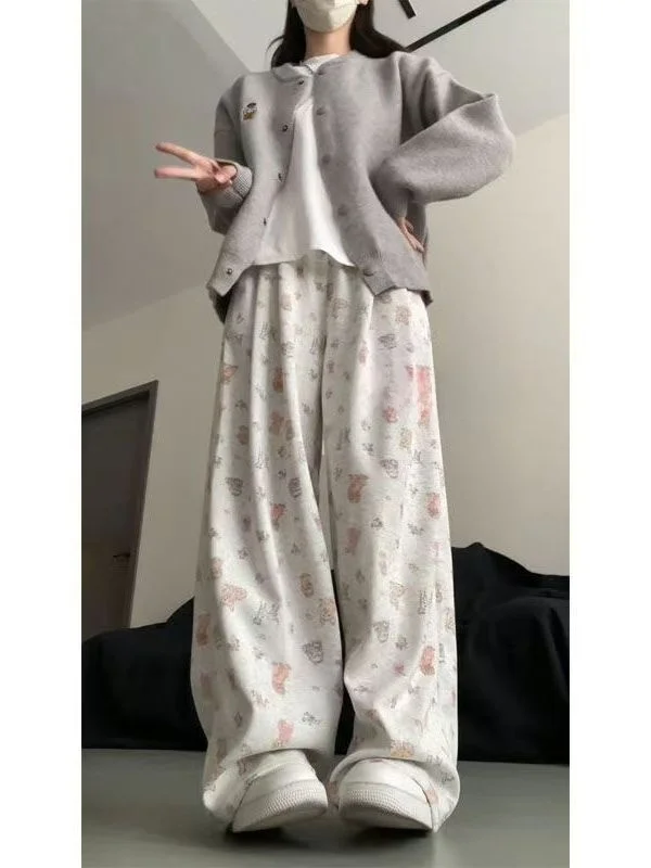 

Свободные женские повседневные брюки с милым мультяшным принтом собаки, прямые летние свободные широкие длинные брюки с высокой талией, удобные