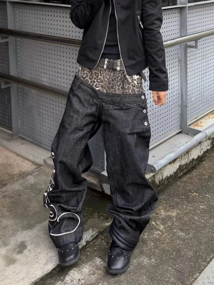 2026 Punk Y2K Style Double Waistband Leopard Patchwork Baggy Stacked Jeans Pants For Men Clothing Streetwear Loose Long Trousers