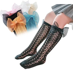 Summer Baby Girls Black Openwork Knee High Socks with Shimming Tulle Bow Children's Crochet Hollow Out Colored Stockings