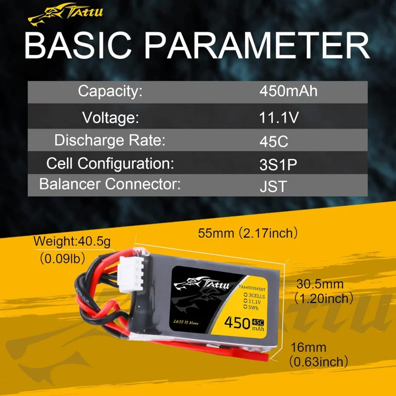 TATTU 11.1V 450mAh 3S LiPo Battery Pack 45C with JST Plug for Small Size FPV E-flite Blade 180 CFX Torrent 110 Baby Hawk Micro 2