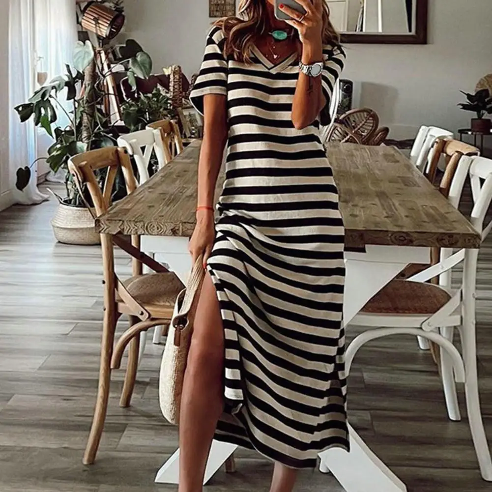 

Striped Dress T-shirt Dress Elegant V Neck Summer Midi Dress with Side Split Striped Print Office Lady Slim Fit for Spring