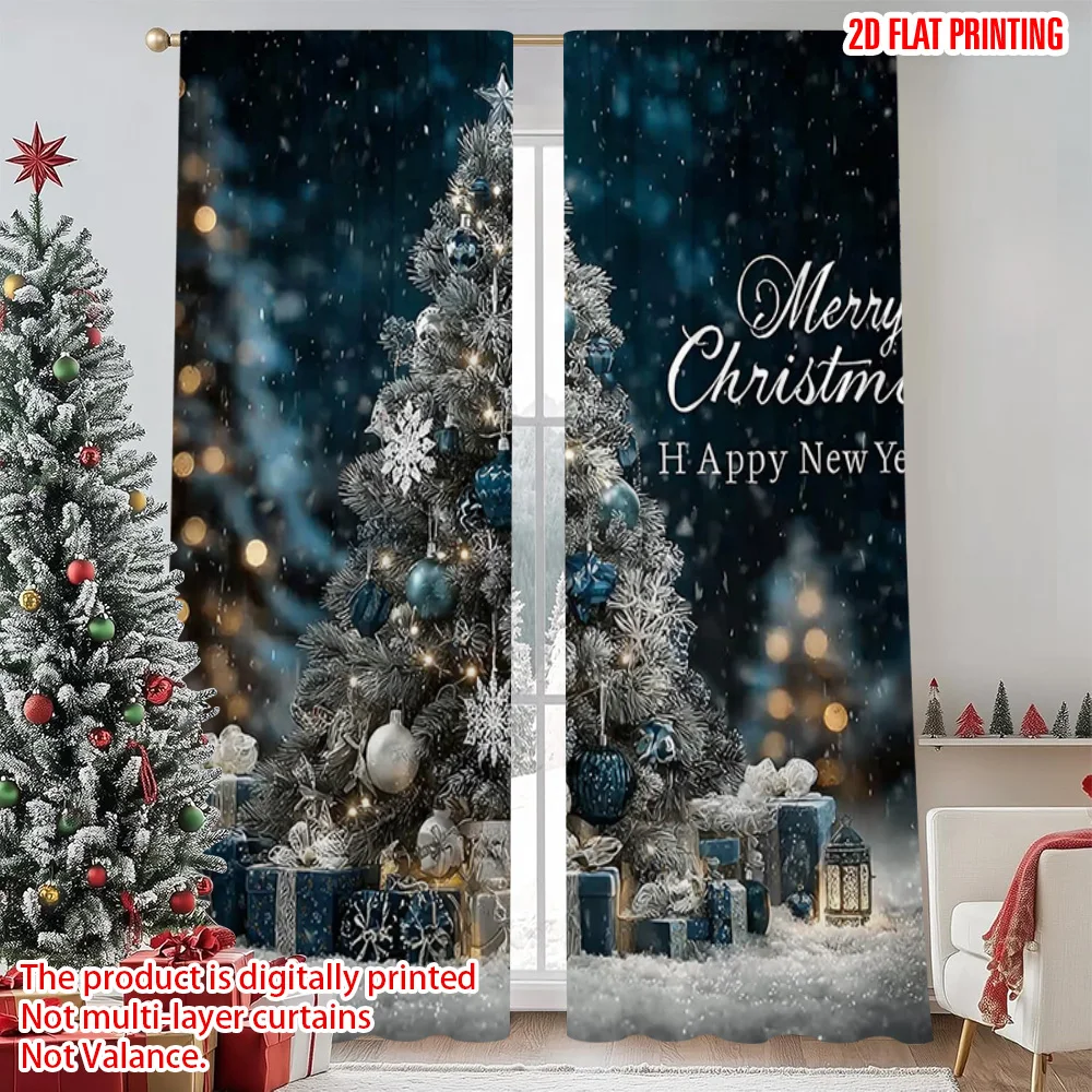 

2pcs 2D flat printing Christmas Scene Curtain christmas trees 100% Polyester Without Electricity Festive Wall Decor Perfect for