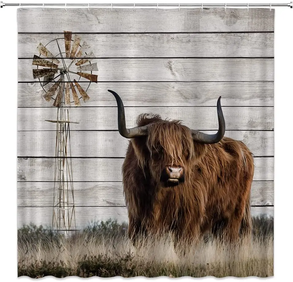 Farmhouse Cow Shower Curtain Highland Bull Cattle Farm Animals Windmill Grassland Bathroom Decor Fabric Bath Curtains with Hooks