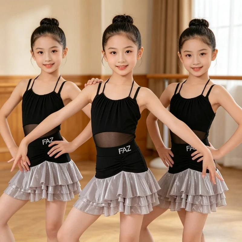 

Girls Spaghetti Strap Latin Dance Bodysuit With Pleated Skirt Kids Ballroom Dancewear For Samba Rumba Cha Cha Stage Performance