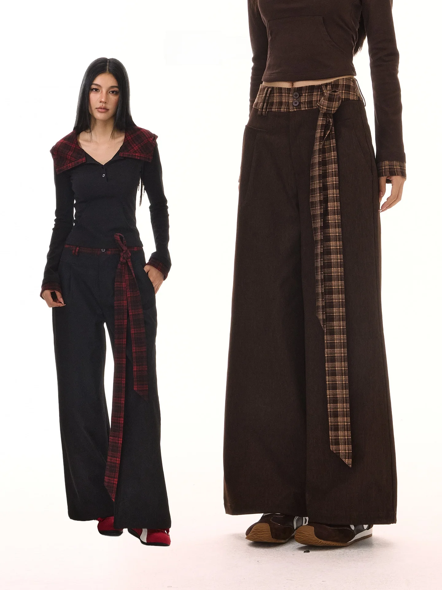 ACME AURA American Retro High Street Plaid Splice Wide Leg Pants Women Loose All-Match Straight Casual Pants