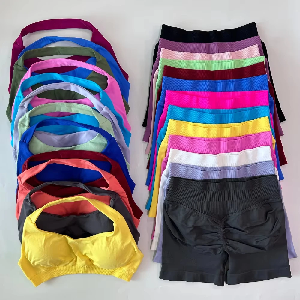 

2Pcs Impact Yoga Sports Bra Sports Set Women Seamless Sexy Backless Halter Top Gym Shorts Fitness Sports Buttocks Lift Trousers