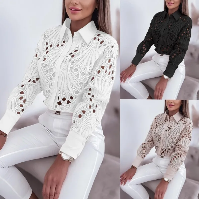 Women\'s Black White Office Blouses Spring Autumn Versatile Commuting Fashion Lace Hollow Long Sleeve Shirt For Women Clothing