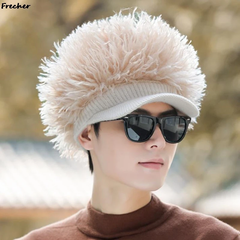 Fluffy Wig Berets Hat Winter Warm Visors Cap Funny Pompom Hats for Women Men Outdoor Soft Comfortable Knitted Caps Hip Hop