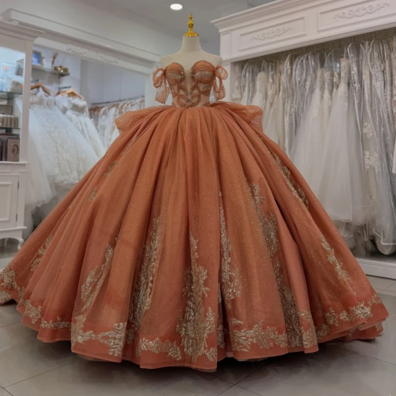 

Orange Shiny Ball Gown Quinceanera Dresses Applique Lace Beading Crystal Tull Bow Corset Off Shoulder Sweet 16 Dress vestidos 15