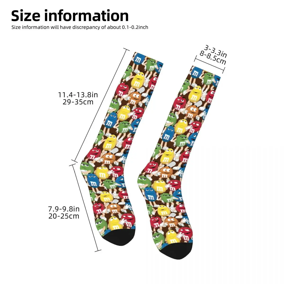 Calcetines de tubo hasta la rodilla con estampado 3D de dibujos animados para mujer, medias de M & M con logotipo de personajes de caramelo, muslo de Chocolate