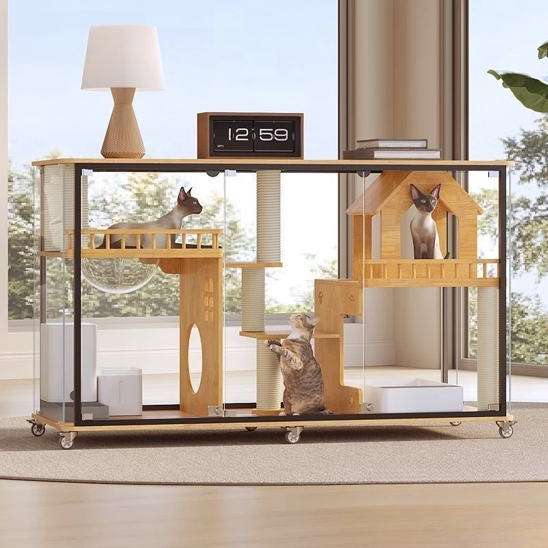 Fresh air  cabinet horizontal indoor transparent house cat villa, panoramic glass est household solid wood cat cage