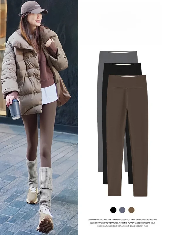 

ay arkskin Yoga Pants Women's High Waist Slimming Fce Lined Tight Leggings Autumn Winter Nine-Tenths Length Base Layer