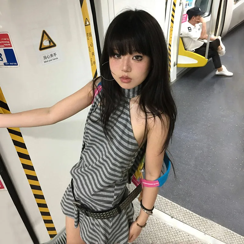 Karrram Y2k Aesthetics Halter Dress Japanese 2000s Style Grey Striped Short Dress Vintage Harajuku Backless Mini Dress Grunge