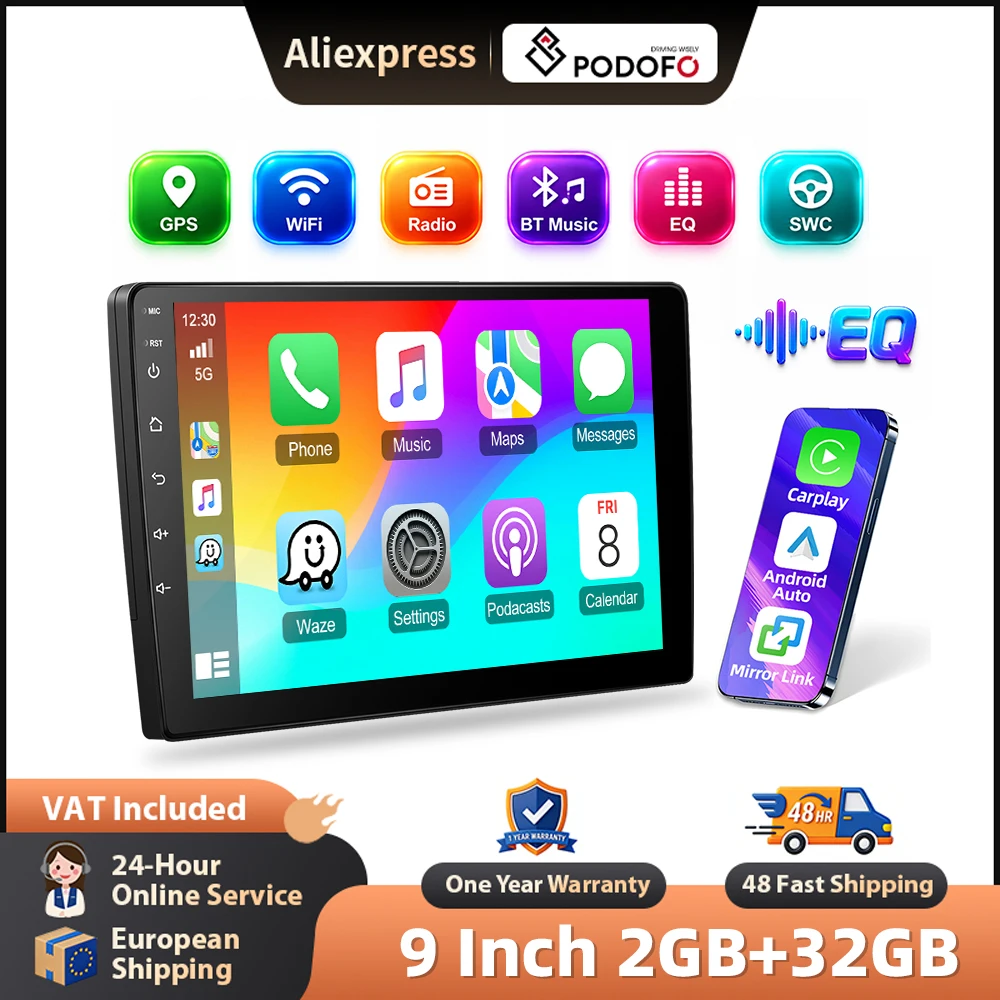 Podofo, autoradio universale da 9 pollici con Carplay wireless e Android Auto, sistema intelligente per auto, navigazione GPS, BT, FM/RDS, 2DIN, autoradio plug&play, unità principale, controllo al