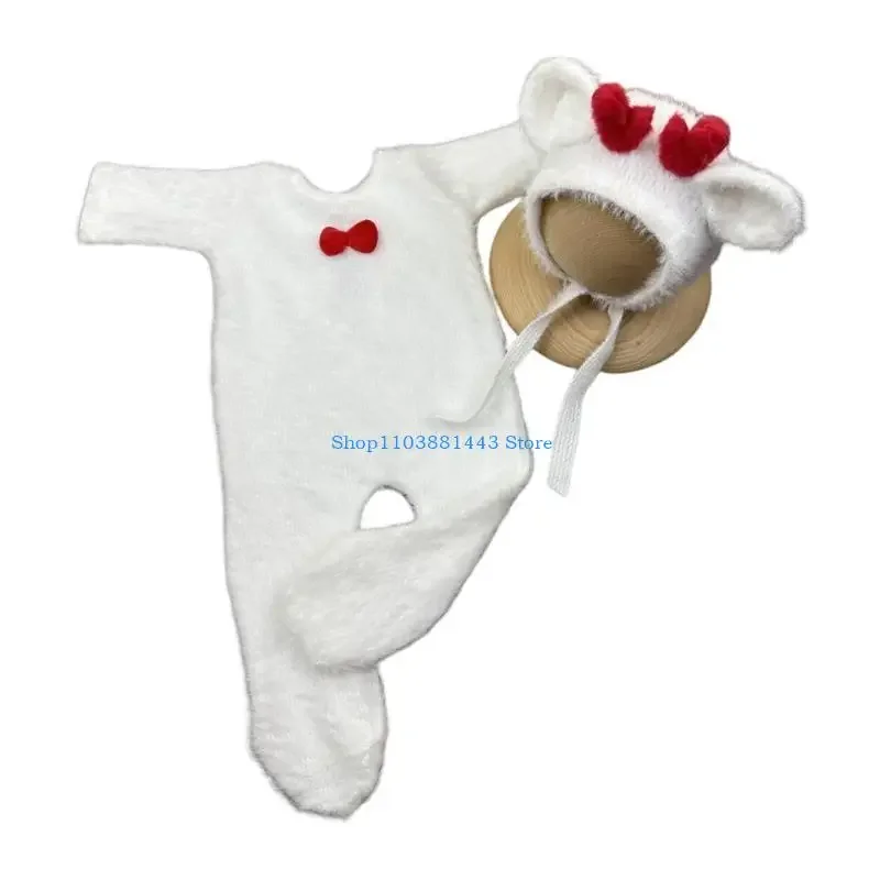 Q6RE Infant Photography Clothes Reindeer Hat Romper Newborn Christmas Photo Costume