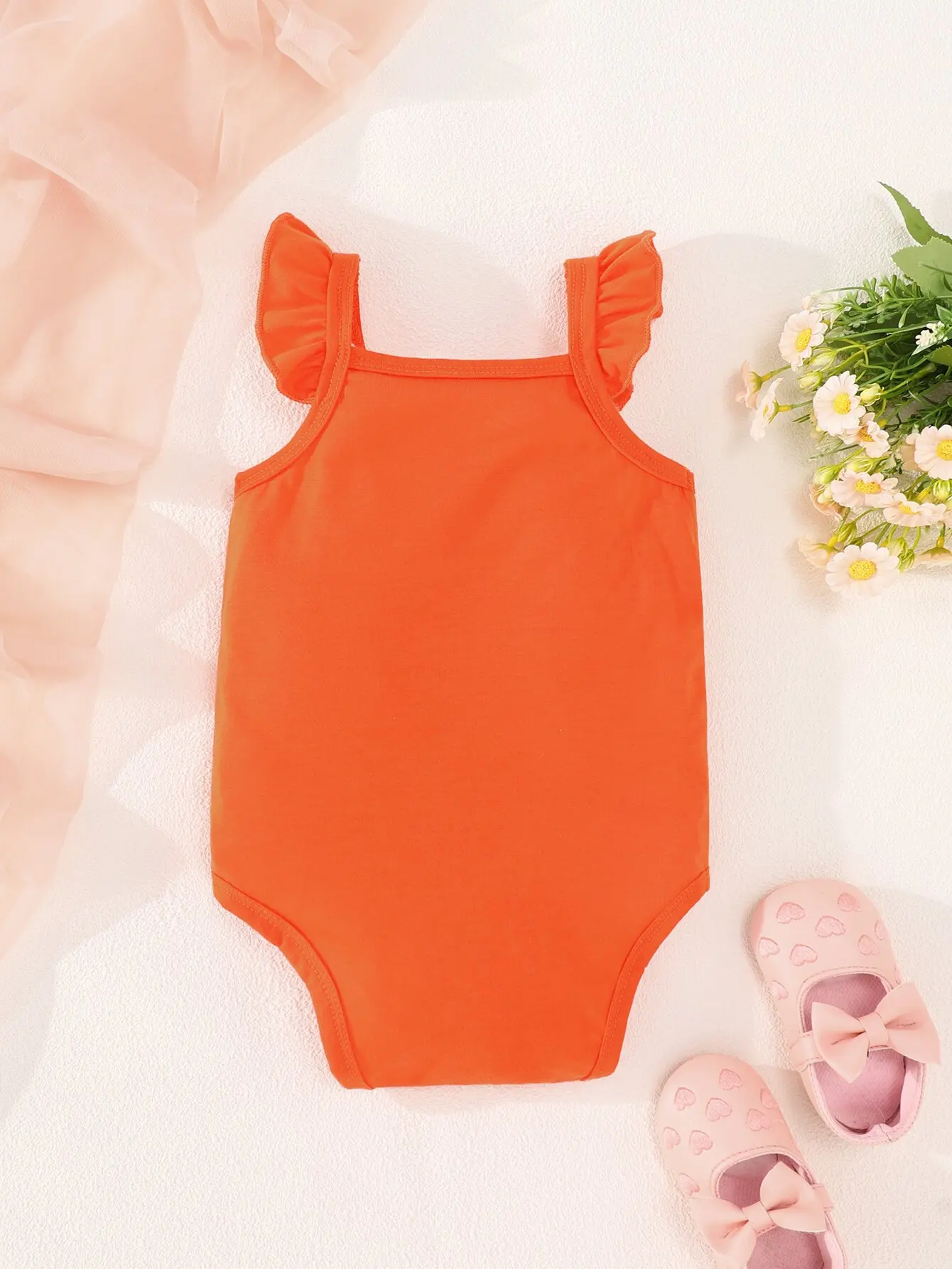 New Baby Summer Cute Comfortable Breathable Simple Orange Flying Sleeve Vest Baby Bodysuits Letter Pattern Print